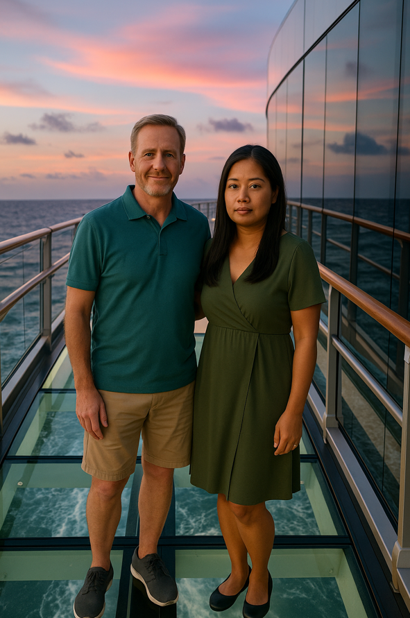Mark and Beatriz on a cruise ship.